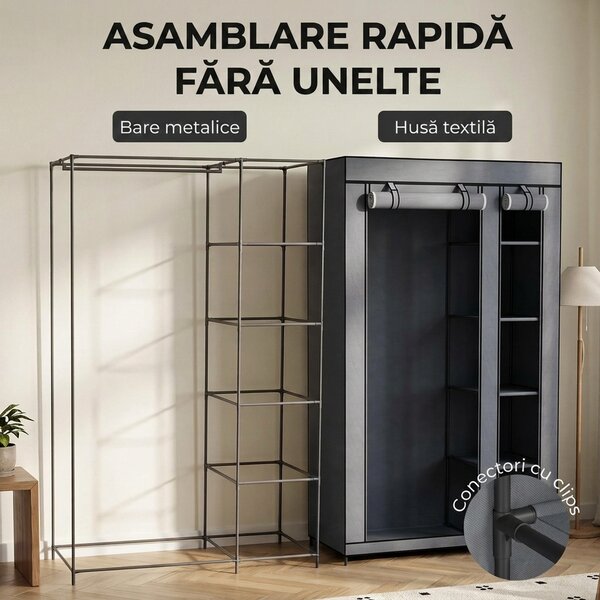 HOMCOM Dulap Textil pentru Economisirea Spațiului, cu Bară pentru Umerașe și 5 Polițe, 110 x 45 x 175 cm, pentru Dormitor, Gri | Aosom Romania