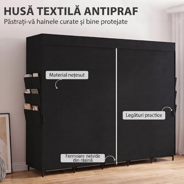 HOMCOM Dulap Textil Compact cu 5 Bare, 5 Rafturi, 6 Buzunare Laterale, Uși Anti-Praf cu Fermoar, Negru | Aosom Romania