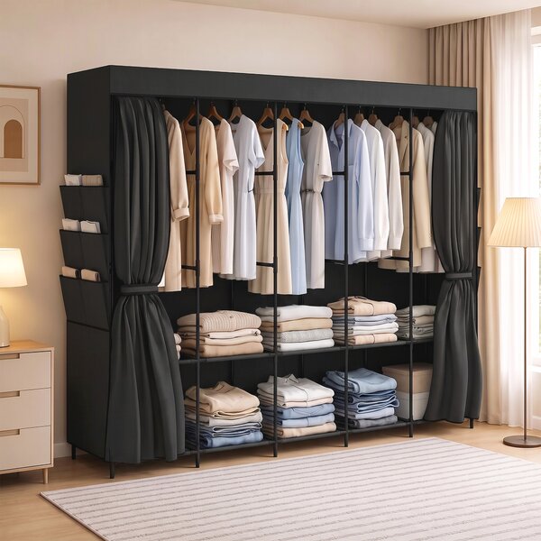 HOMCOM Dulap Textil Compact cu 5 Bare, 5 Rafturi, 6 Buzunare Laterale, Uși Anti-Praf cu Fermoar, Negru | Aosom Romania