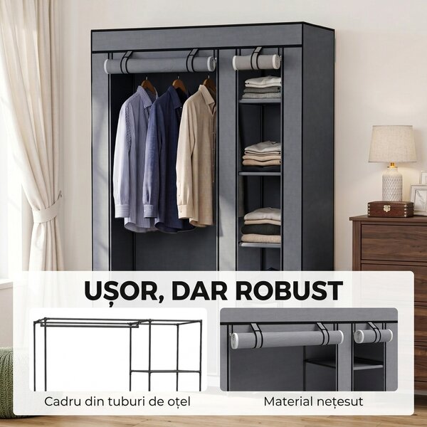 HOMCOM Dulap Textil pentru Economisirea Spațiului, cu Bară pentru Umerașe și 5 Polițe, 110 x 45 x 175 cm, pentru Dormitor, Gri | Aosom Romania