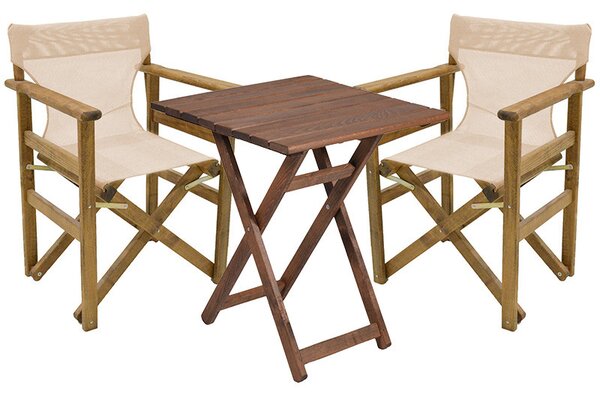 Set de gradina masa si scaune Retto 3 bucati din lemn masiv de fag culoarea nuc, PVC ecru 60x60x71cm