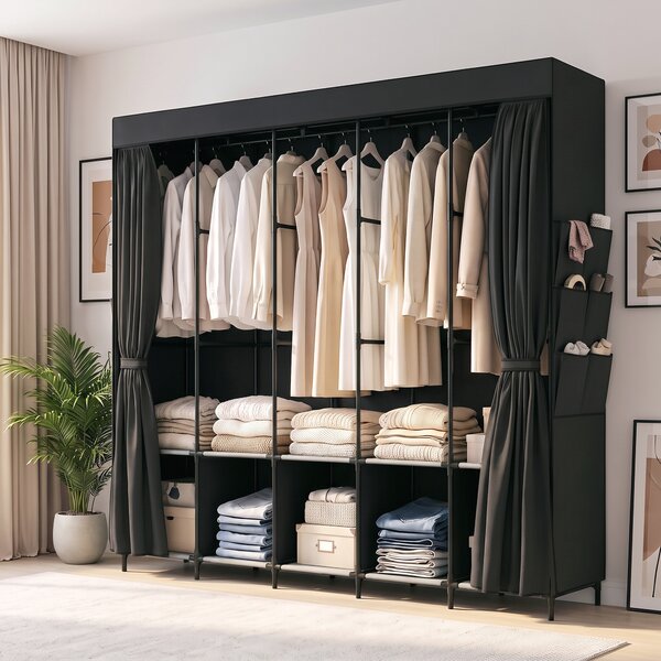HOMCOM Dulap Textil Compact cu 5 Bare, 5 Rafturi, 6 Buzunare Laterale, Uși Anti-Praf cu Fermoar, Negru | Aosom Romania