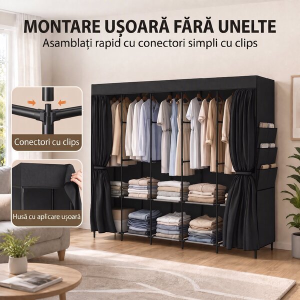 HOMCOM Dulap Textil Compact cu 5 Bare, 5 Rafturi, 6 Buzunare Laterale, Uși Anti-Praf cu Fermoar, Negru | Aosom Romania