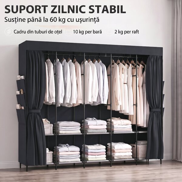 HOMCOM Dulap Textil Compact cu 5 Bare, 5 Rafturi, 6 Buzunare Laterale, Uși Anti-Praf cu Fermoar, Negru | Aosom Romania