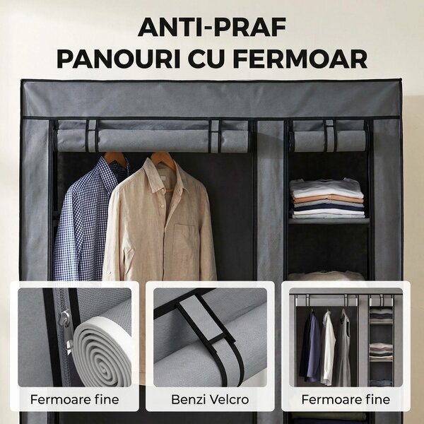 HOMCOM Dulap Textil pentru Economisirea Spațiului, cu Bară pentru Umerașe și 5 Polițe, 110 x 45 x 175 cm, pentru Dormitor, Gri | Aosom Romania