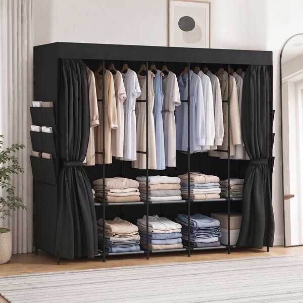 HOMCOM Dulap Textil Compact cu 5 Bare, 5 Rafturi, 6 Buzunare Laterale, Uși Anti-Praf cu Fermoar, Negru | Aosom Romania