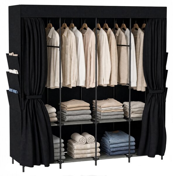HOMCOM Dulap Textil Compact cu 5 Bare, 4 Rafturi, 6 Buzunare Laterale, Uși Antipraf cu Fermoar, Negru | Aosom Romania