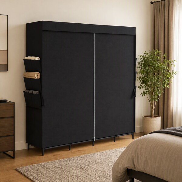 HOMCOM Dulap Textil Compact cu 5 Bare, 4 Rafturi, 6 Buzunare Laterale, Uși Antipraf cu Fermoar, Negru | Aosom Romania