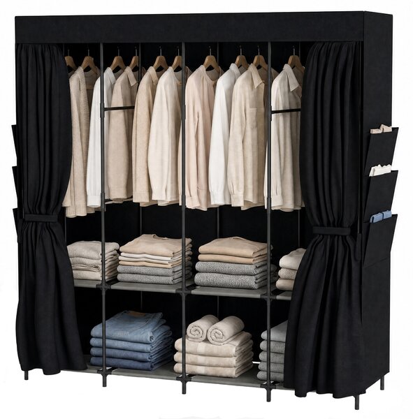 HOMCOM Dulap Textil Compact cu 5 Bare, 4 Rafturi, 6 Buzunare Laterale, Uși Antipraf cu Fermoar, Negru | Aosom Romania