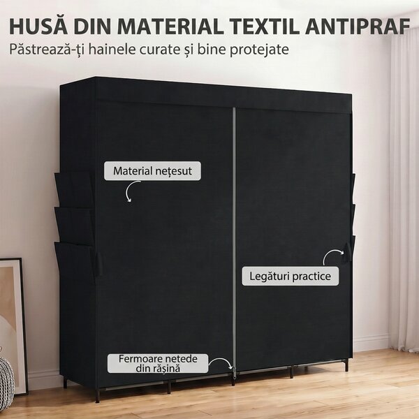 HOMCOM Dulap Textil Compact cu 5 Bare, 4 Rafturi, 6 Buzunare Laterale, Uși Antipraf cu Fermoar, Negru | Aosom Romania