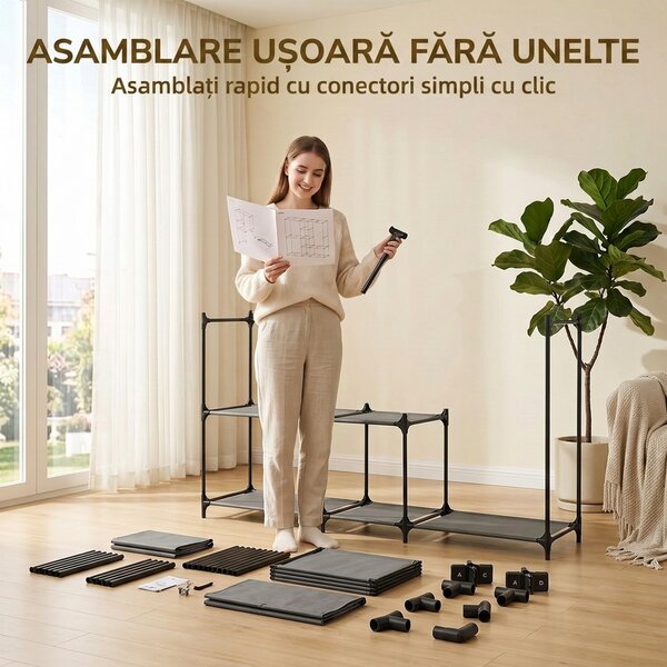 HOMCOM Dulap Textil Compact cu 3 Bare pentru Umerașe, 5 Rafturi și Structură din Oțel, 182 x 43 x 182 Cm, Negru | Aosom Romania