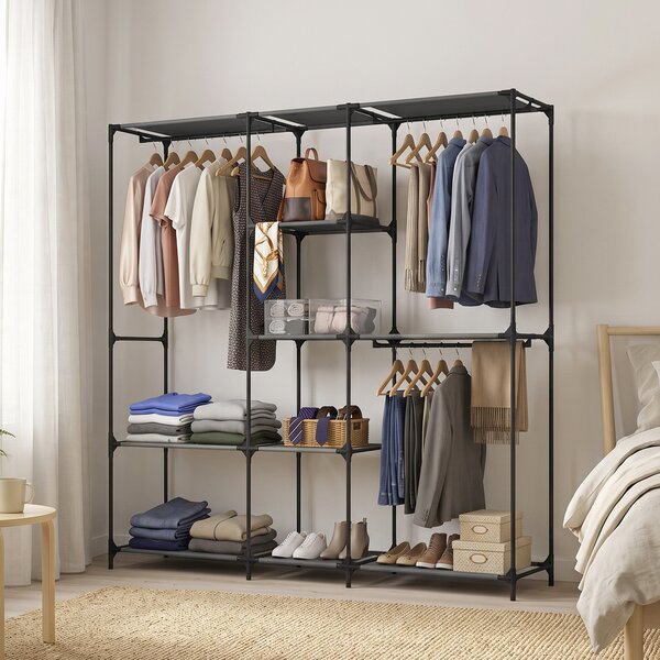 HOMCOM Dulap Textil Compact cu 3 Bare pentru Umerașe, 5 Rafturi și Structură din Oțel, 182 x 43 x 182 Cm, Negru | Aosom Romania