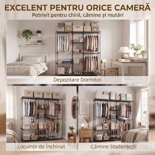 HOMCOM Dulap Textil Compact cu 3 Bare pentru Umerașe, 5 Rafturi și Structură din Oțel, 182 x 43 x 182 Cm, Negru | Aosom Romania