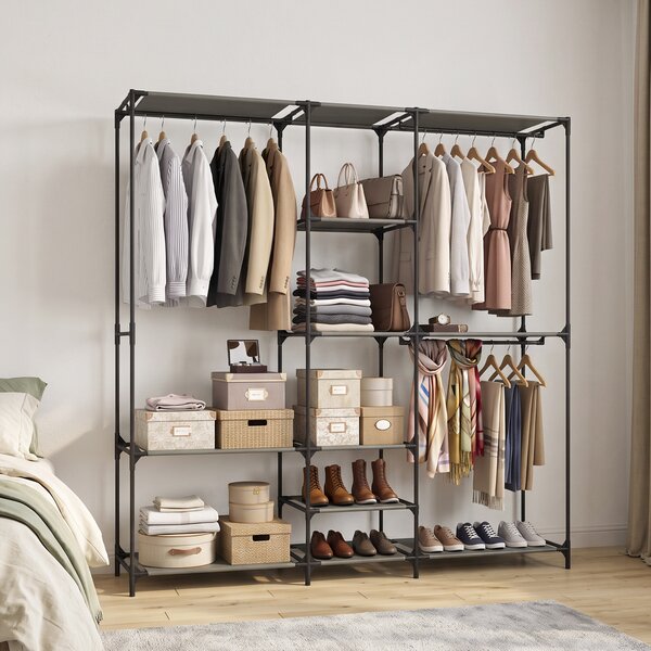 HOMCOM Dulap Textil Compact cu 3 Bare pentru Umerașe, 5 Rafturi și Structură din Oțel, 182 x 43 x 182 Cm, Negru | Aosom Romania