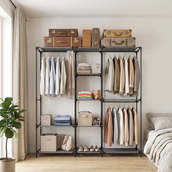 HOMCOM Dulap Textil Compact cu 3 Bare pentru Umerașe, 5 Rafturi și Structură din Oțel, 182 x 43 x 182 Cm, Negru | Aosom Romania
