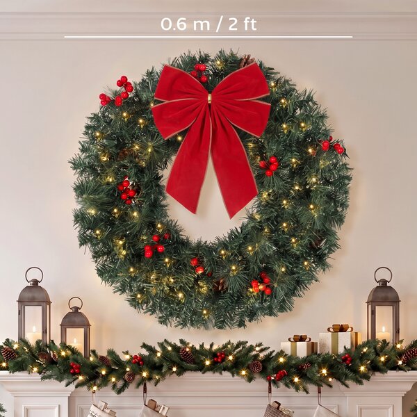 HOMCOM Coroniță de Crăciun de 60 cm cu Lumini LED, Conuri de Brad și Bobițe, Verde | Aosom Romania