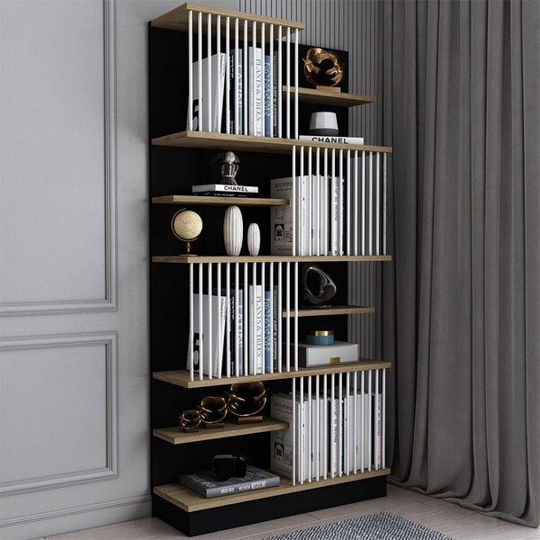 Biblioteca Gassim negru - culoarea nuc - alb 80x26.4x160cm