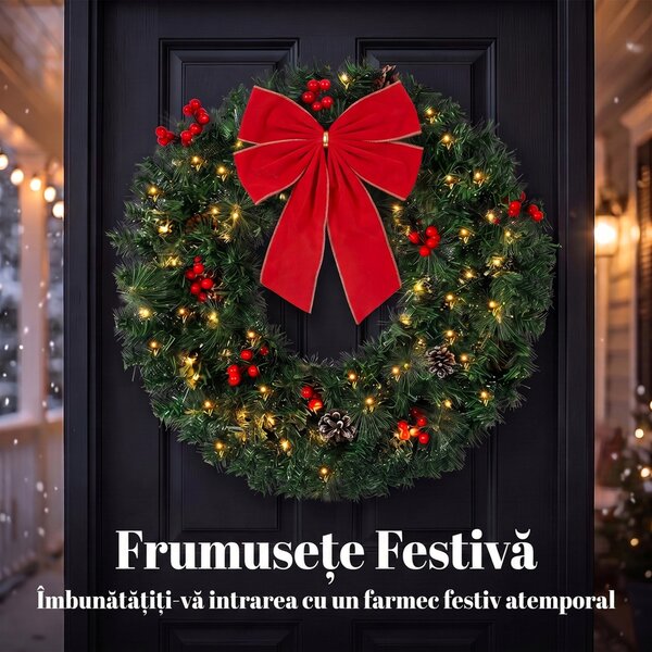 HOMCOM Coroniță de Crăciun de 60 cm cu Lumini LED, Conuri de Brad și Bobițe, Verde | Aosom Romania