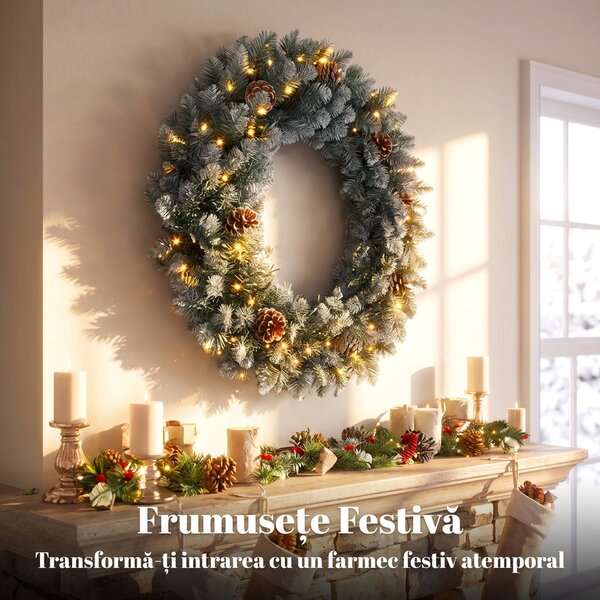HOMCOM Coroniță de Crăciun 60 cm cu lumini LED, 8 moduri, 140 ramuri, conuri de pin, verde | Aosom Romania