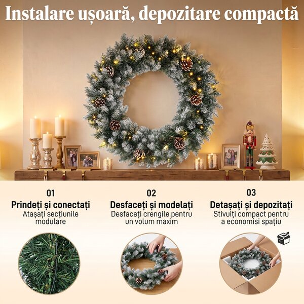 HOMCOM Coroniță de Crăciun 60 cm cu lumini LED, 8 moduri, 140 ramuri, conuri de pin, verde | Aosom Romania