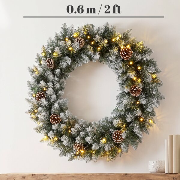 HOMCOM Coroniță de Crăciun 60 cm cu lumini LED, 8 moduri, 140 ramuri, conuri de pin, verde | Aosom Romania
