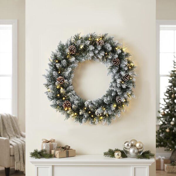HOMCOM Coroniță de Crăciun 60 cm cu lumini LED, 8 moduri, 140 ramuri, conuri de pin, verde | Aosom Romania