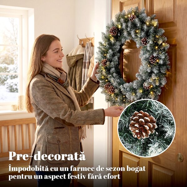HOMCOM Coroniță de Crăciun 60 cm cu lumini LED, 8 moduri, 140 ramuri, conuri de pin, verde | Aosom Romania
