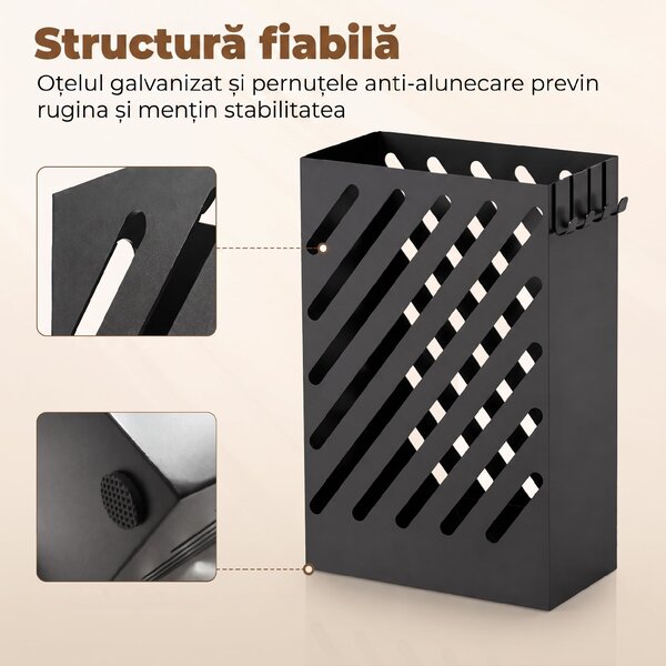 HOMCOM Suport pentru Umbrele de Design cu Tavă pentru Colectarea Picăturilor și 4 Cârlige din Metal, 28x14x41cm, Negru | Aosom Romania