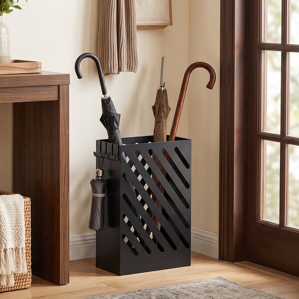 HOMCOM Suport pentru Umbrele de Design cu Tavă pentru Colectarea Picăturilor și 4 Cârlige din Metal, 28x14x41cm, Negru | Aosom Romania