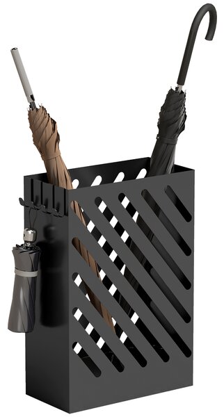 HOMCOM Suport pentru Umbrele de Design cu Tavă pentru Colectarea Picăturilor și 4 Cârlige din Metal, 28x14x41cm, Negru | Aosom Romania