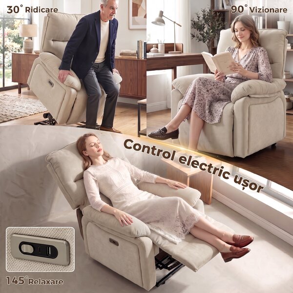 HOMCOM Fotoliu de Relaxare cu Ridicare Electrică, Masaj și Încălzire, Alb Crem | Aosom Romania