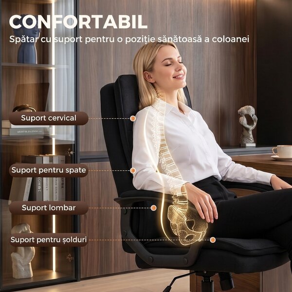 HOMCOM Scaun de Birou Ergonomic din Material Tip In, Înălțime Reglabilă, Funcție de Balansare, 120 kg, Negru | Aosom Romania
