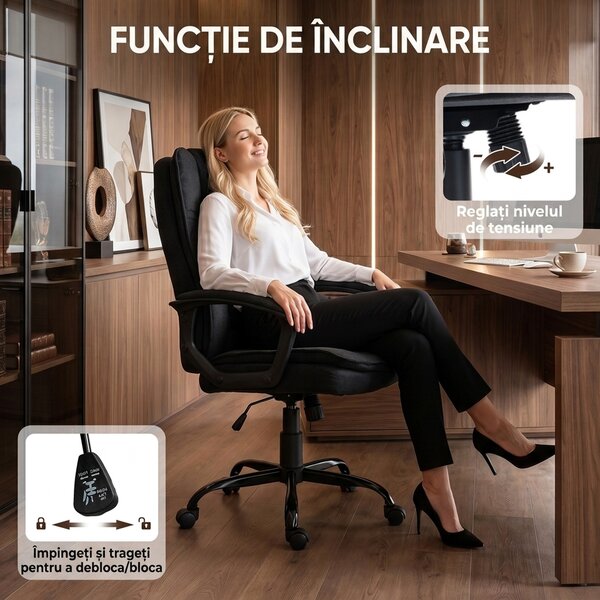 HOMCOM Scaun de Birou Ergonomic din Material Tip In, Înălțime Reglabilă, Funcție de Balansare, 120 kg, Negru | Aosom Romania