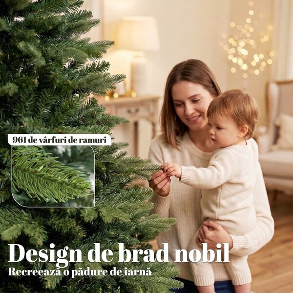 HOMCOM Brad artificial de Crăciun tip brad nobil, 961 ramuri, 180 cm, verde | Aosom Romania