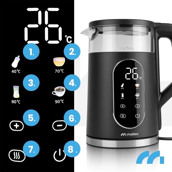 Fierbator electric, 1700 ML, 2200W, negru, control al temperaturii și funcție LED, MalTec, 114844