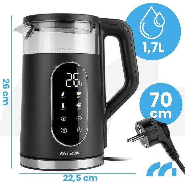 Fierbator electric, 1700 ML, 2200W, negru, control al temperaturii și funcție LED, MalTec, 114844