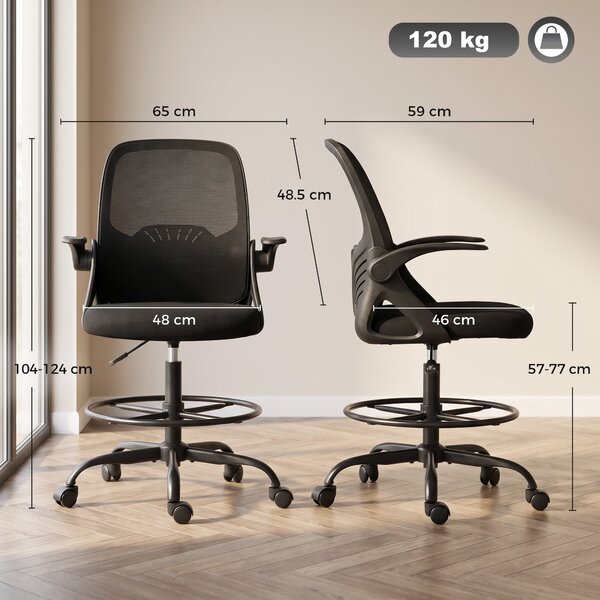 HOMCOM Scaun de Birou Ergonomic din Plasă, cu Suport Lombar și Suport pentru Picioare Reglabil, Cotiere Rabatabile, Negru | Aosom Romania