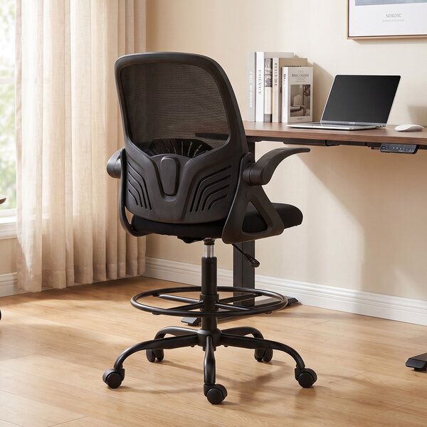 HOMCOM Scaun de Birou Ergonomic din Plasă, cu Suport Lombar și Suport pentru Picioare Reglabil, Cotiere Rabatabile, Negru | Aosom Romania