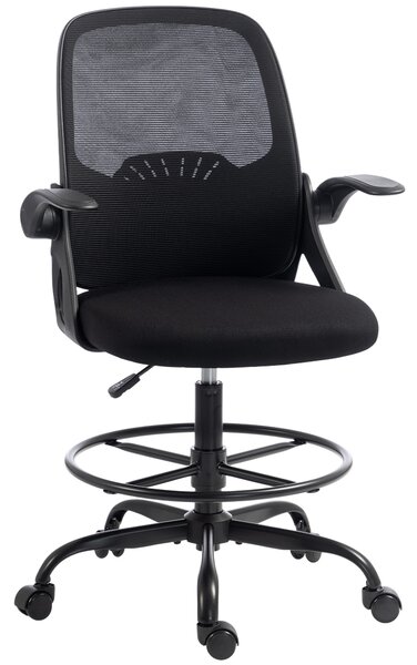 HOMCOM Scaun de Birou Ergonomic din Plasă, cu Suport Lombar și Suport pentru Picioare Reglabil, Cotiere Rabatabile, Negru | Aosom Romania