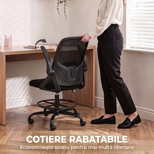 HOMCOM Scaun de Birou Ergonomic din Plasă, cu Suport Lombar și Suport pentru Picioare Reglabil, Cotiere Rabatabile, Negru | Aosom Romania