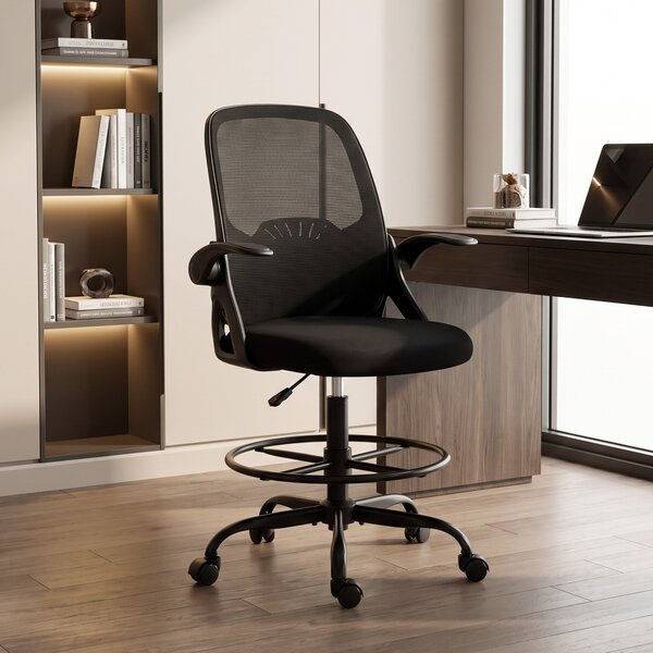 HOMCOM Scaun de Birou Ergonomic din Plasă, cu Suport Lombar și Suport pentru Picioare Reglabil, Cotiere Rabatabile, Negru | Aosom Romania