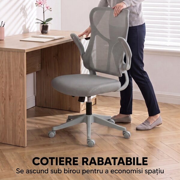 HOMCOM Scaun de birou ergonomic rotativ, cu cotiere rabatabile, funcție de balans, înălțime reglabilă, din plasă, gri | Aosom Romania