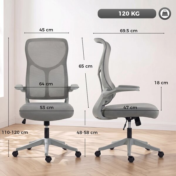 HOMCOM Scaun de birou ergonomic rotativ, cu cotiere rabatabile, funcție de balans, înălțime reglabilă, din plasă, gri | Aosom Romania