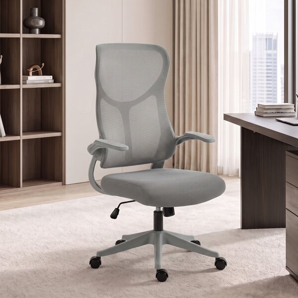 HOMCOM Scaun de birou ergonomic rotativ, cu cotiere rabatabile, funcție de balans, înălțime reglabilă, din plasă, gri | Aosom Romania