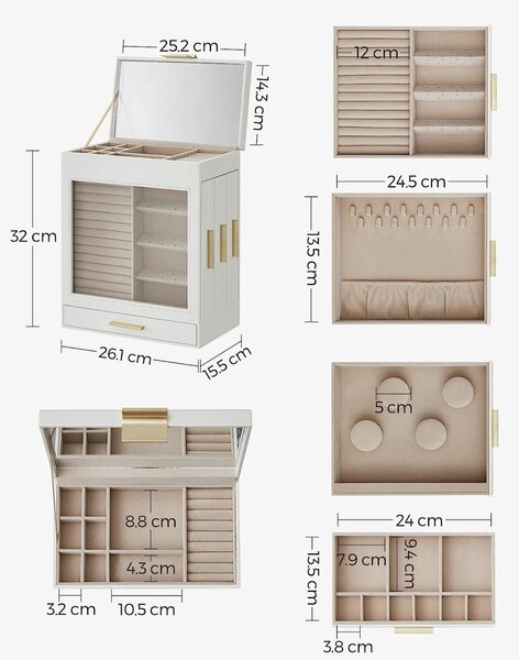 Cutie bijuterii, Songmics, Alb-Auriu, 27x16.5x32 cm