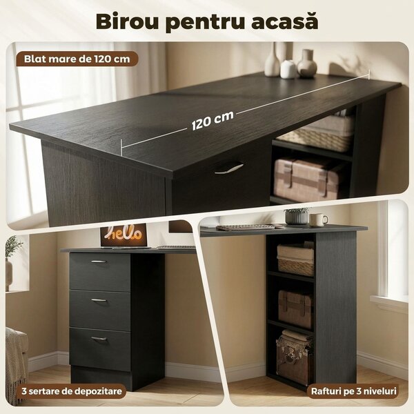 HOMCOM Birou de Calculator Modern, Masa de Lucru cu 3 Sertare și Raft pentru Depozitare, Design Elegant, Negru | Aosom Romania