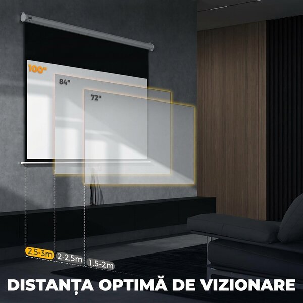 HOMCOM Ecran Proiector 100", 16:9, Montaj Perete/Tavan, Material Mat Premium, Blocare Automată, 221x124 cm, Alb | Aosom Romania