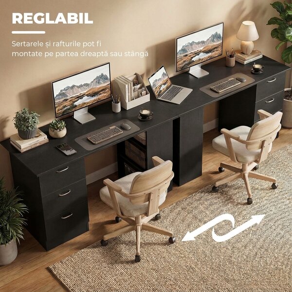 HOMCOM Birou de Calculator Modern, Masa de Lucru cu 3 Sertare și Raft pentru Depozitare, Design Elegant, Negru | Aosom Romania