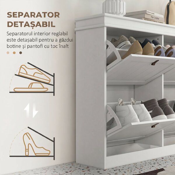 HOMCOM Pantofar Slim cu 4 Uși Rabatabile, Rafturi Reglabile, pentru 10-20 Perechi, Alb | Aosom Romania