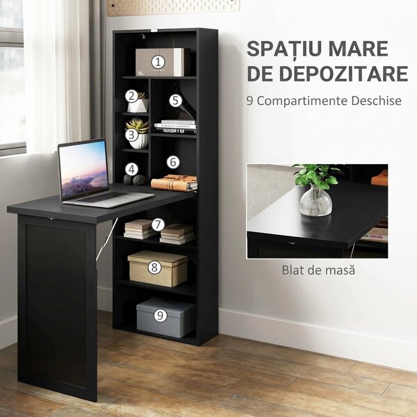 HOMCOM Birou Modern Pliabil cu Bibliotecă și Tablă, din Lemn și Metal, 98x51x153 cm, Negru | Aosom Romania